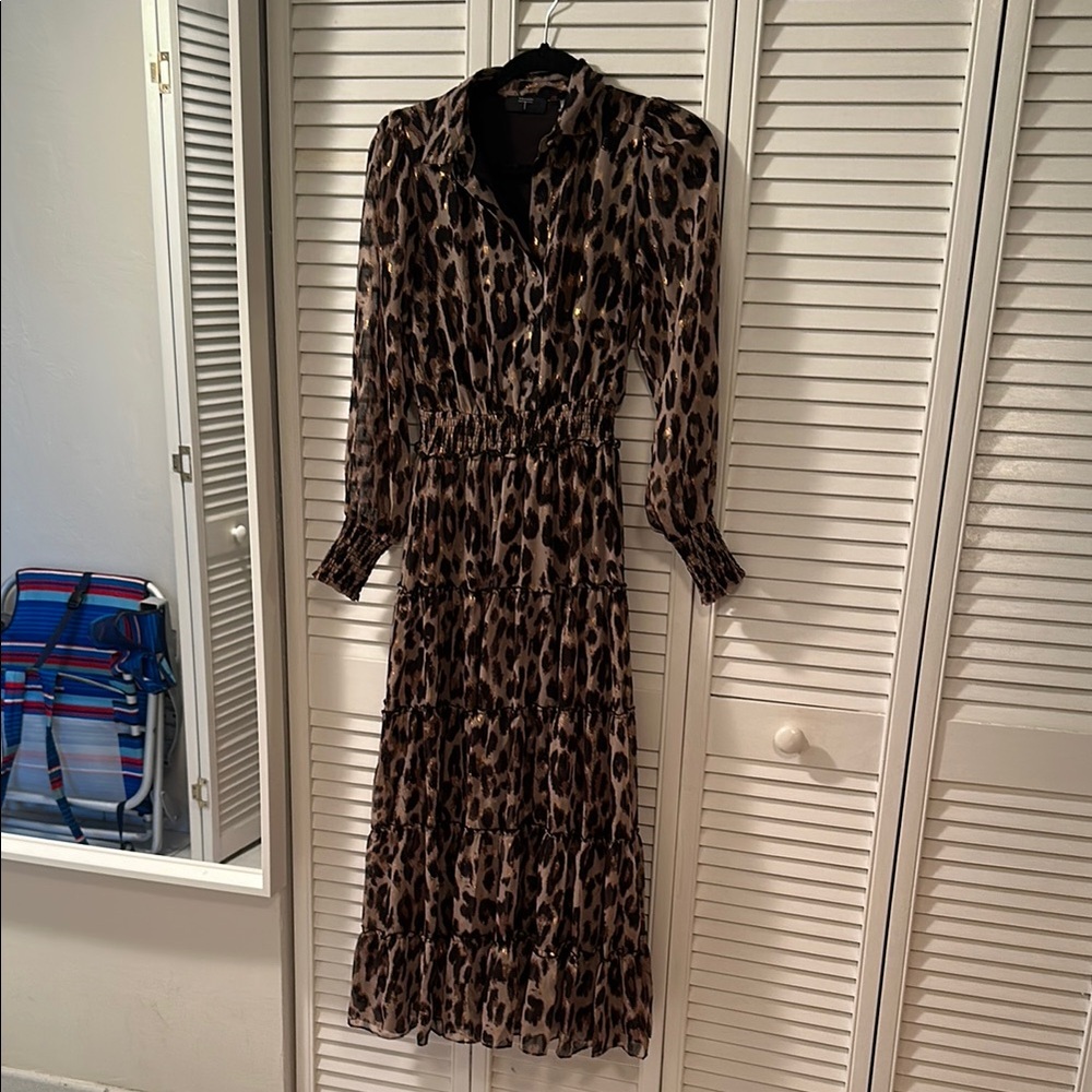 Tahari Brown and Black Pleated Wrap Dress with Notched Collar